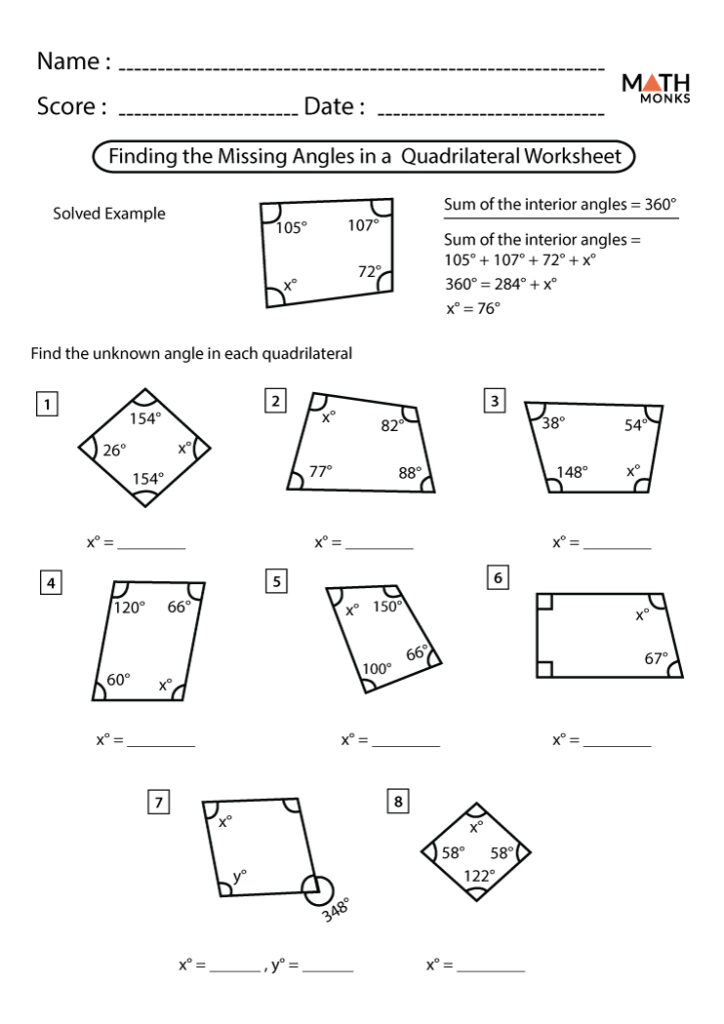 Finding Missing Angles In Quadrilaterals Worksheet
