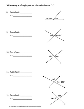 Geometry Worksheet Vertical Adjacent And Linear Pair Angles TPT