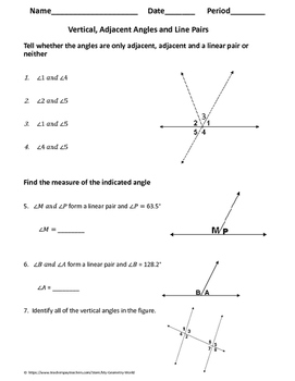 Geometry Worksheet Vertical Adjacent And Linear Pair Angles TPT
