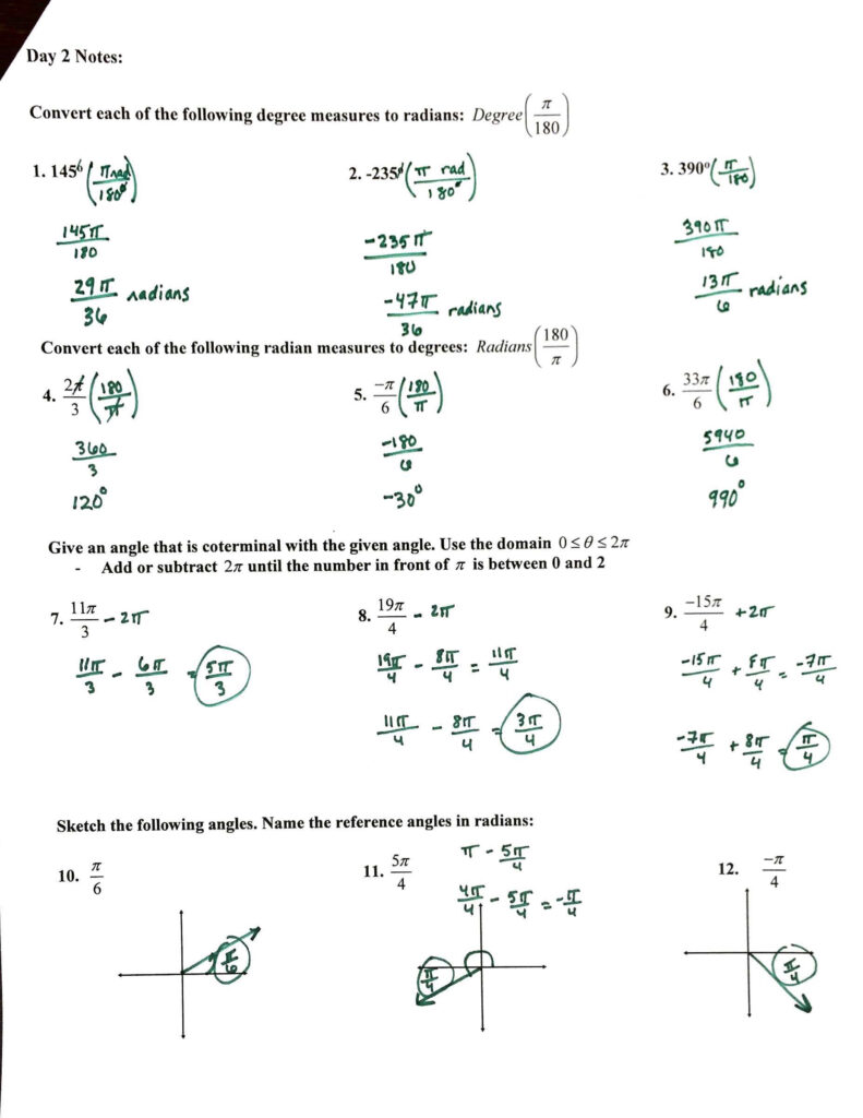 Radian And Degree Measures For Angles Worksheet Answers 