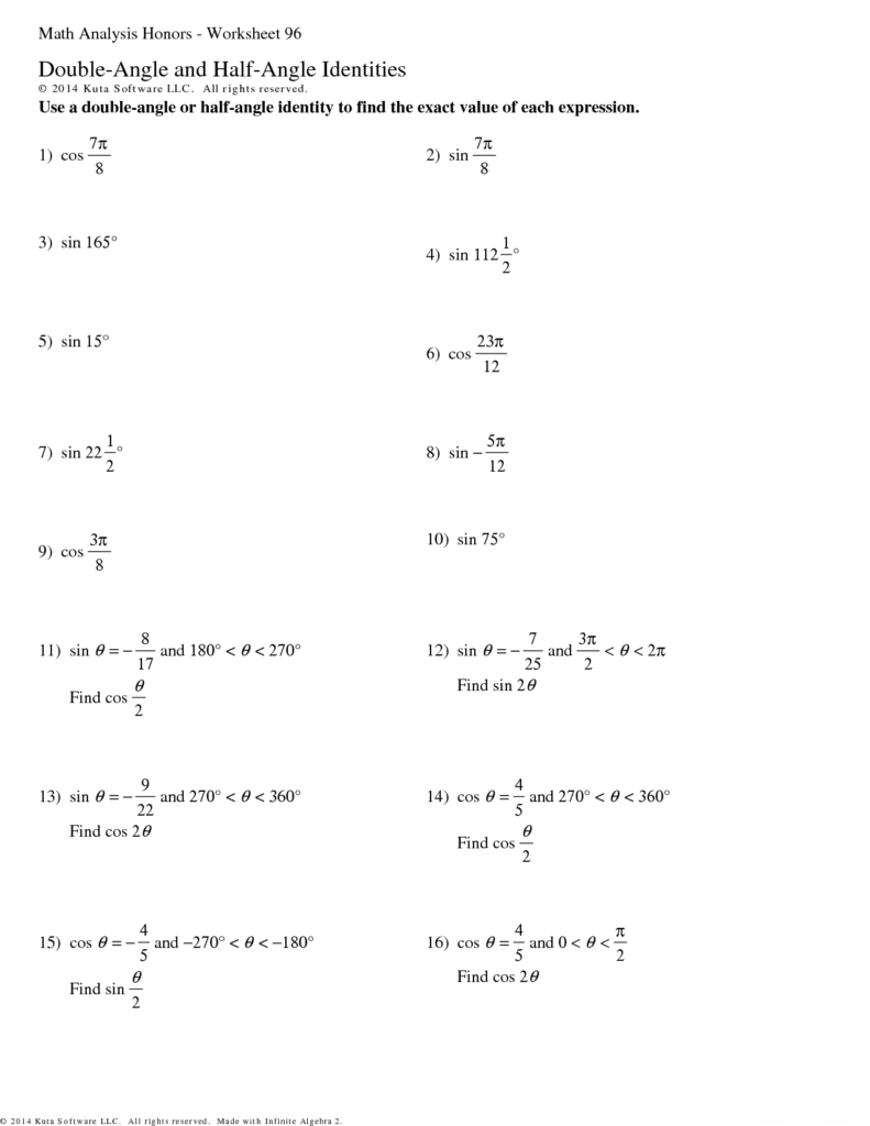SOLUTION Worksheet Double Angle And Half Angle Identities Studypool
