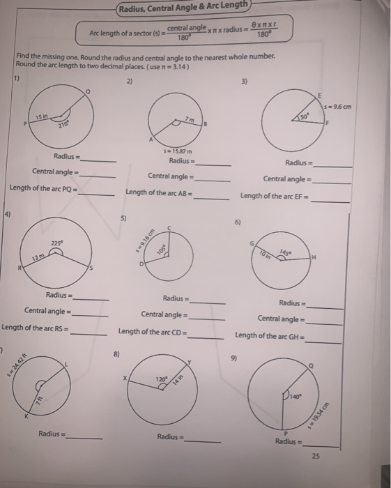 Solved Radius Central Angle Arc Length Arc Length Of A Chegg