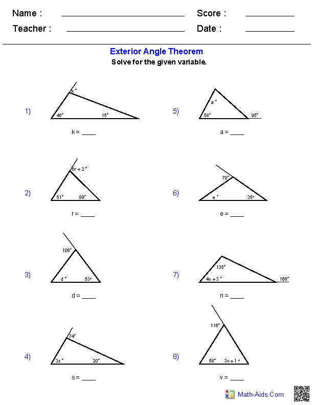 Triangle Exterior Angle Theorem Worksheet