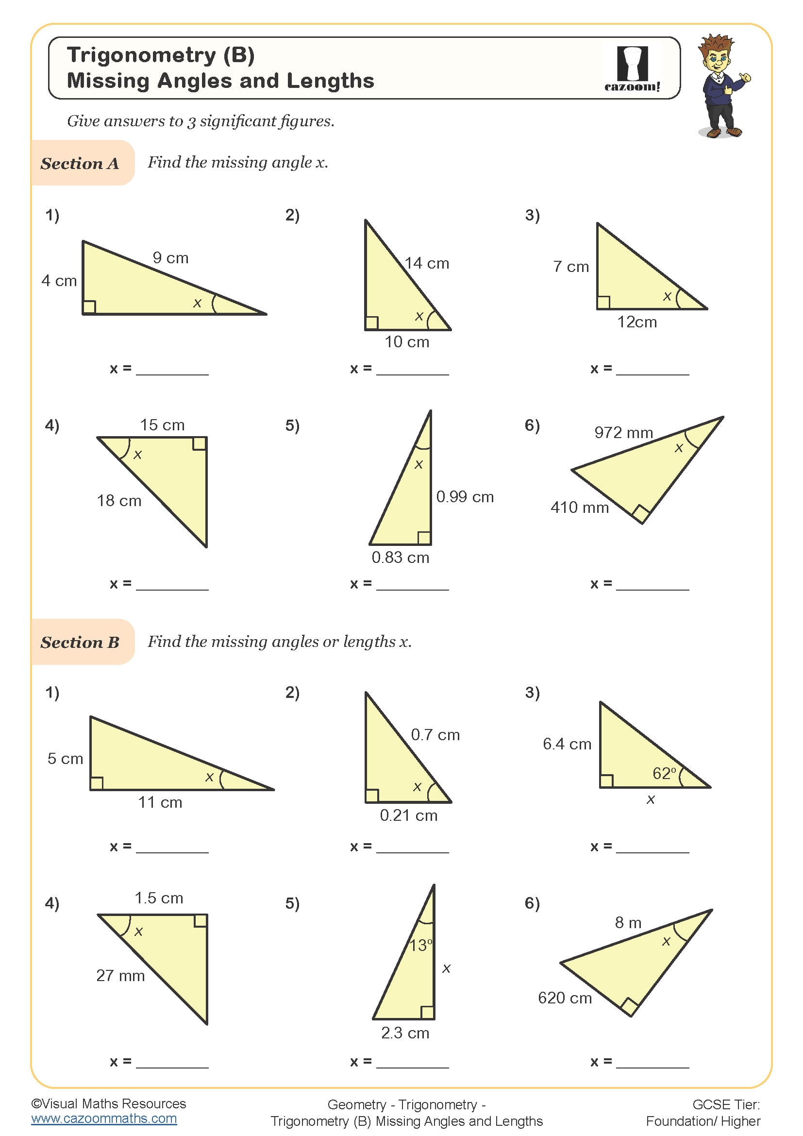 Trigonometry B Missing Angles And Lengths Worksheet Cazoom Maths