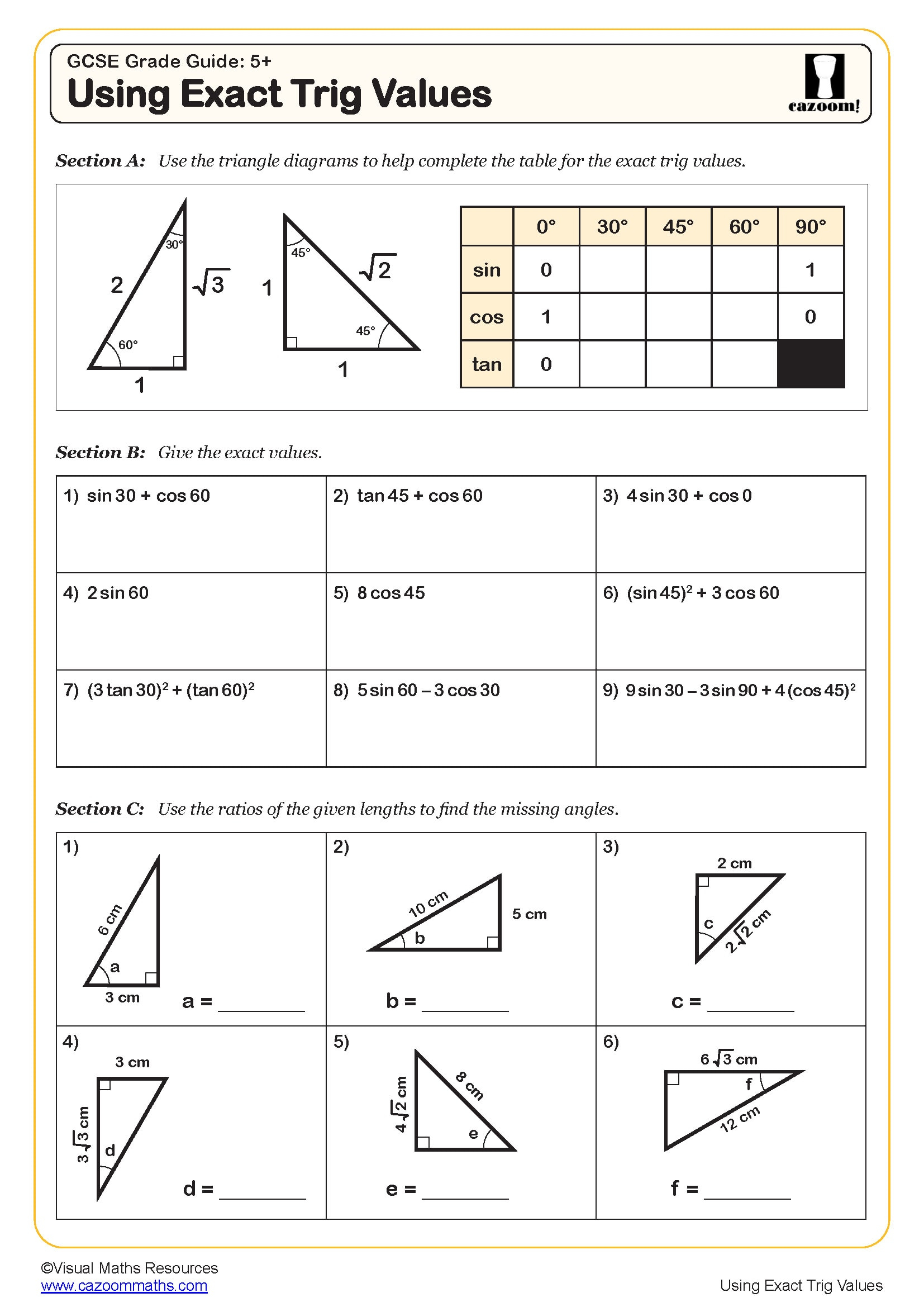 Using Exact Trig Values Worksheet Printable PDF Worksheets